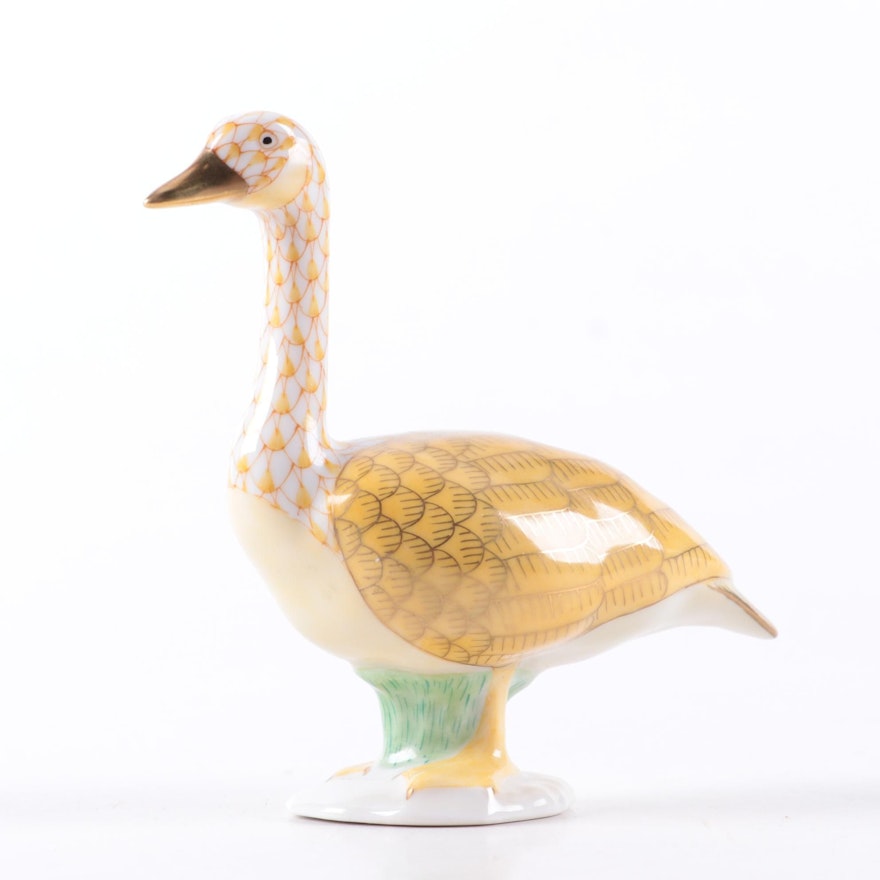 Herend Butterscotch with Gold Fishnet "Canada Goose" Porcelain Figurine