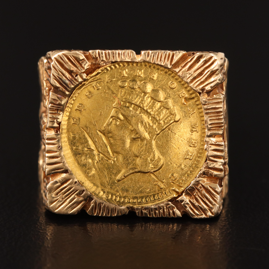 14K Textured Ring Holding an 1868 Indian Princess Head Coin