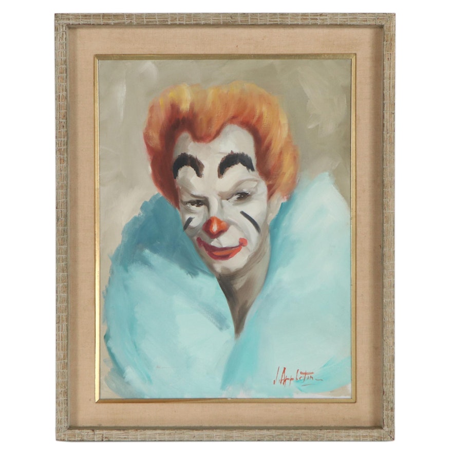 Oil Painting Portrait of a Clown, Late 20th Century