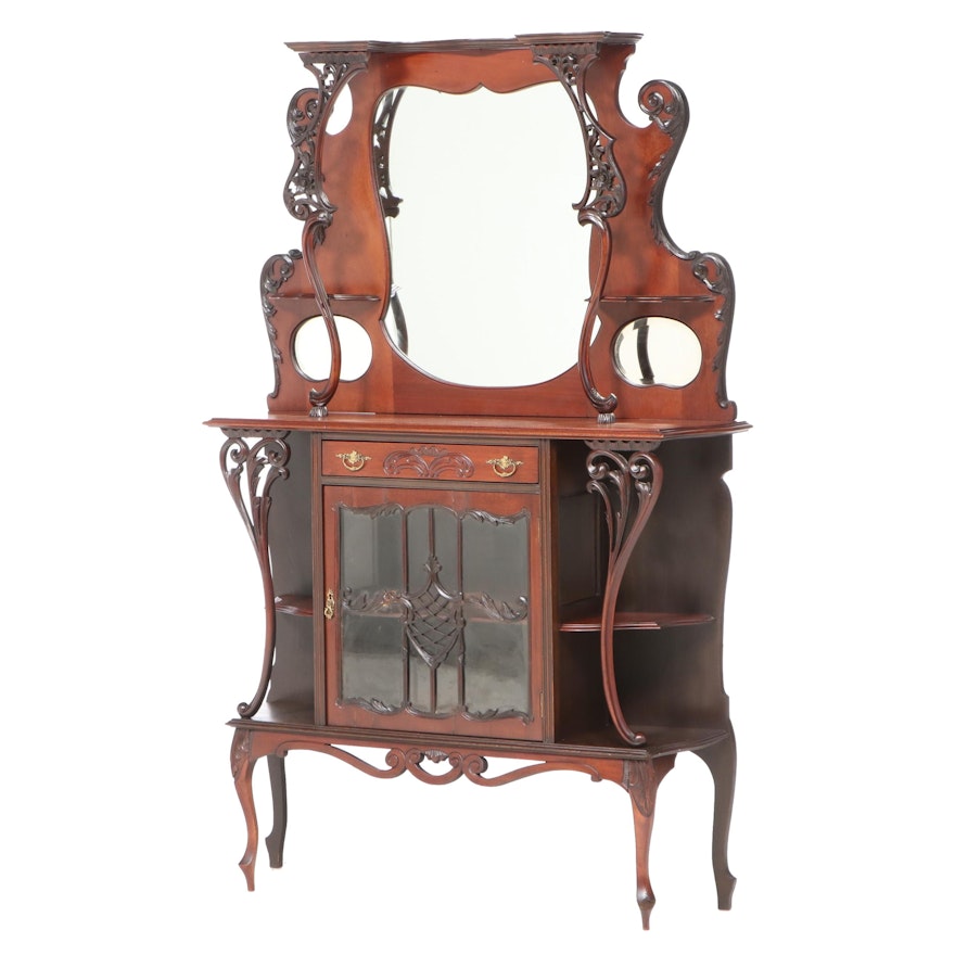 Art Nouveau Carved Walnut Mirror-Back Étagère, circa 1900