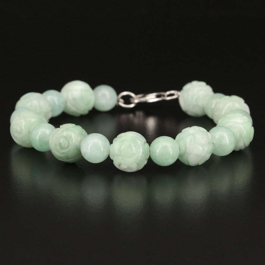 Carved Jadeite Bead Bracelet with Sterling Clasp