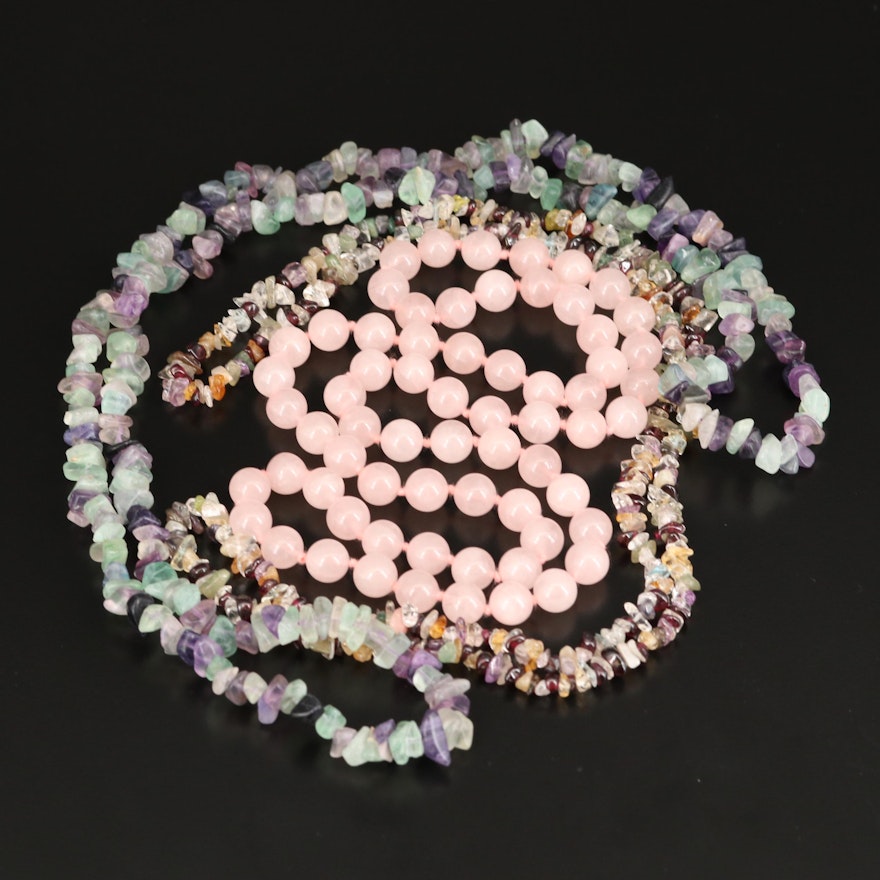 Endless Rhodolite Garnet, Fluorite and Rose Quartz Necklaces