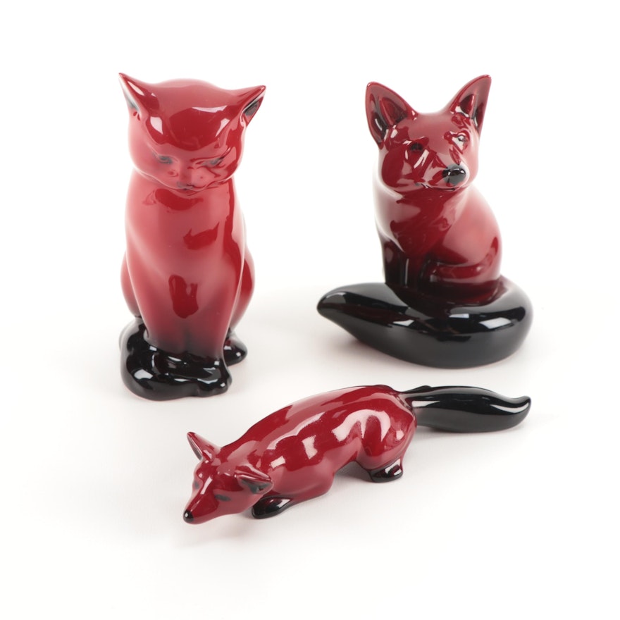 Royal Doulton Porcelain Flambé Cat and Fox Figurines