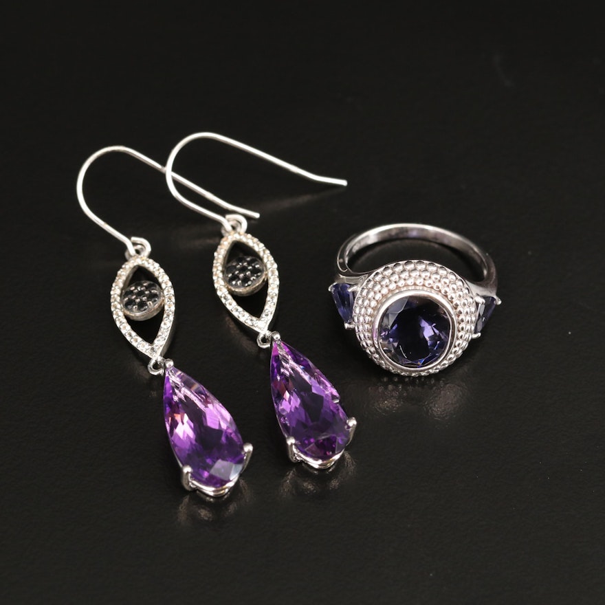 Sterling Iolite, Amethyst and Gemstone Earrings and Ring