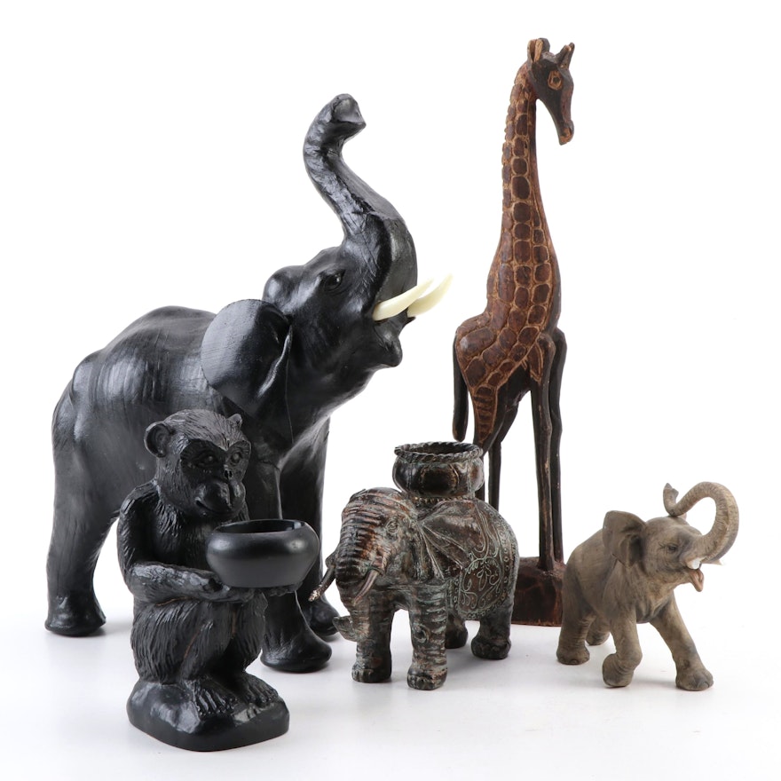 Hand-Carved Giraffe with Leather Covered Elephant and Other Figurines