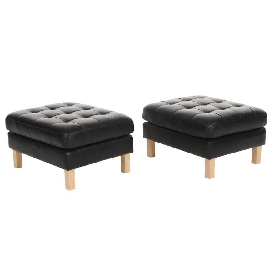 Pair of Contemporary IKEA Tufted Leather Upholstered Ottomans