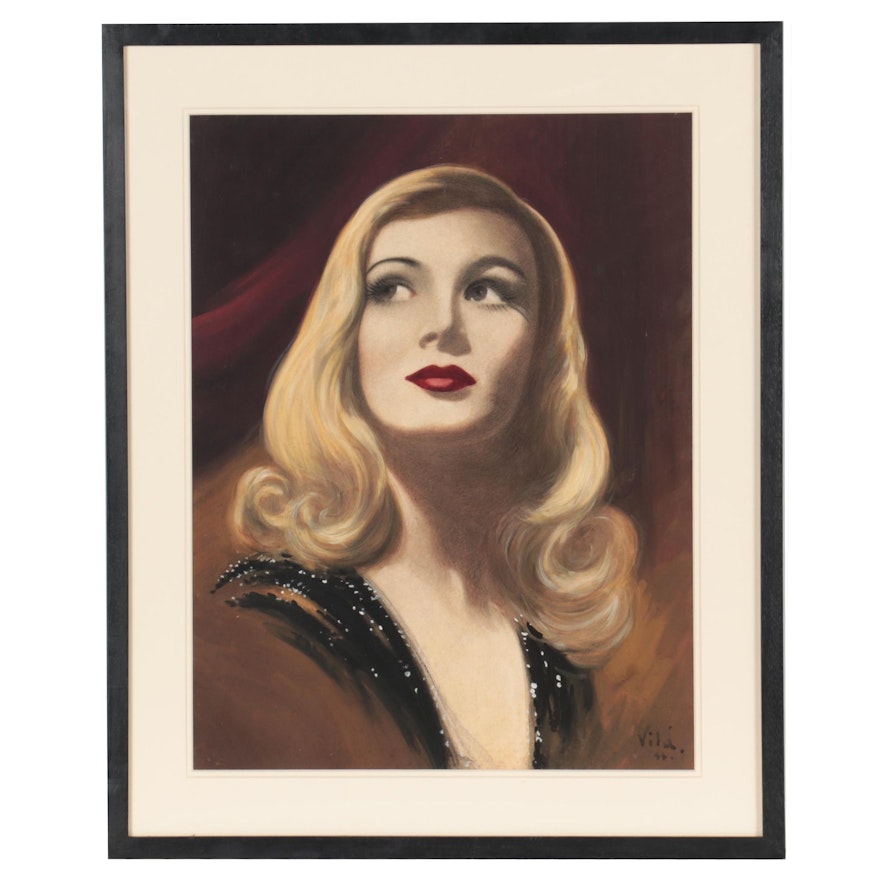 Emilio Vilá Gouache and Charcoal Painting of Veronica Lake, 1955