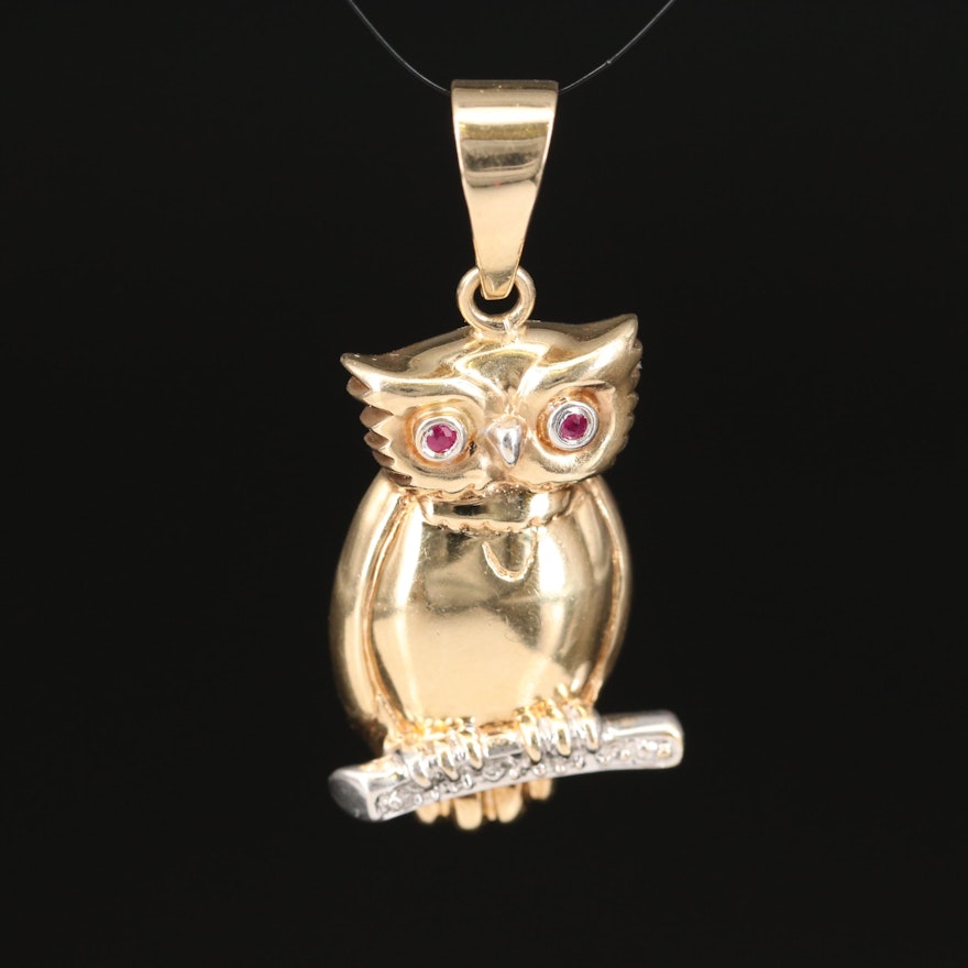 14K Ruby and Diamond Perched Owl Pendant