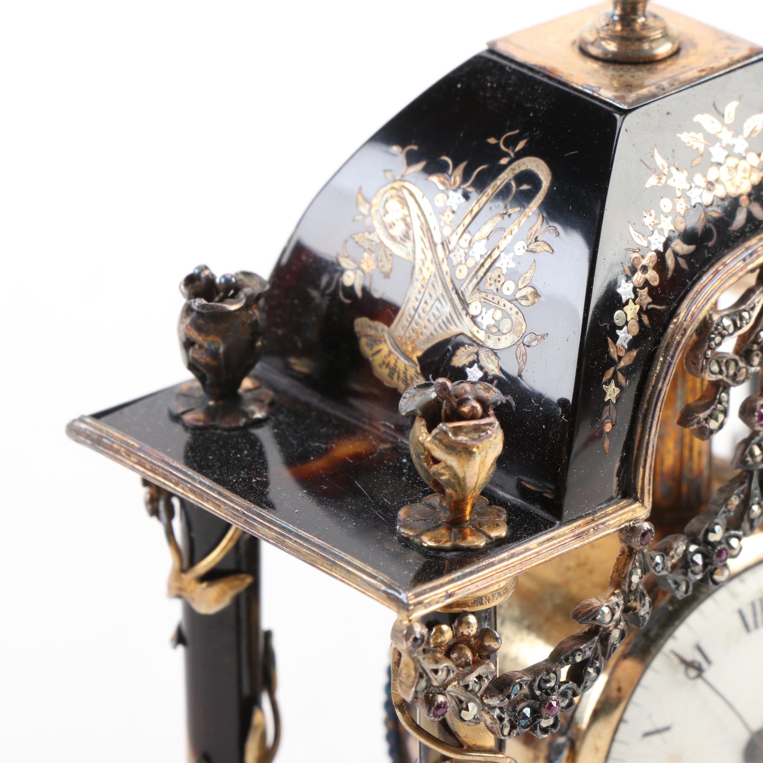 French Neoclassical Style Tortoise Shell and Gemstone Inlay Desk Clock