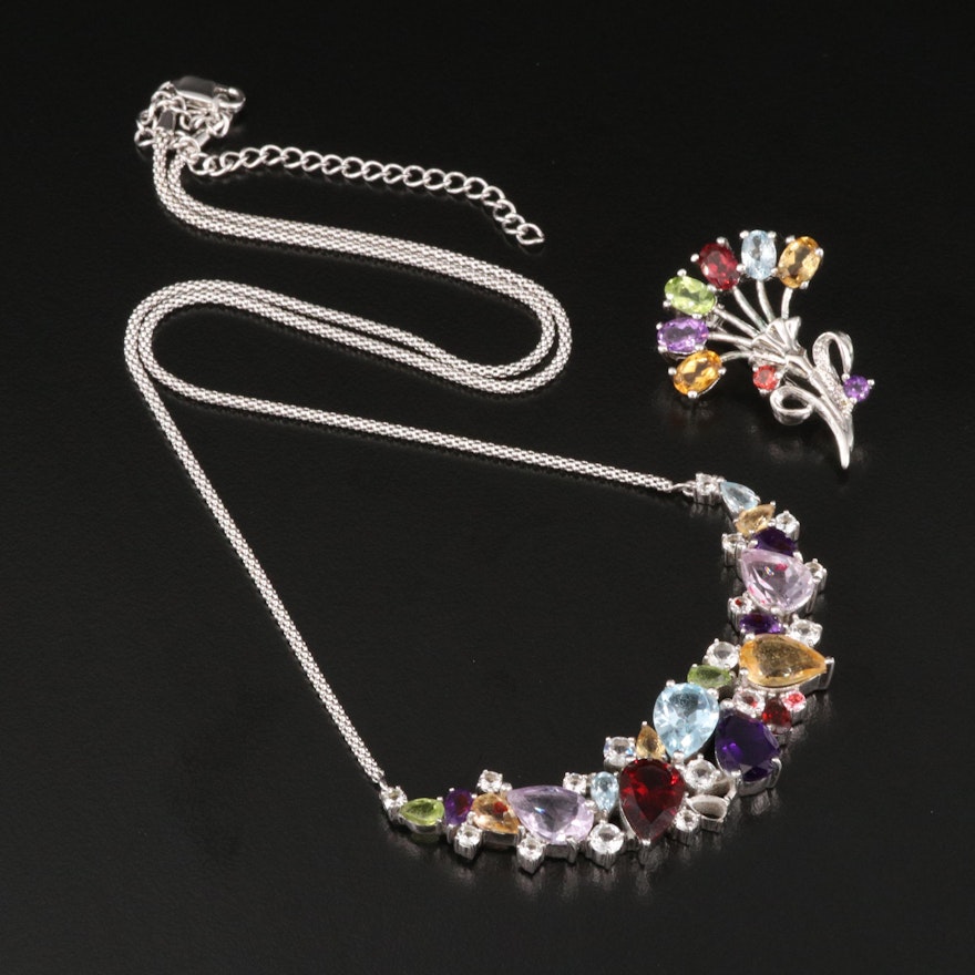 Sterling Silver Necklace and Brooch Featuring Garnet, Topaz and Citrine