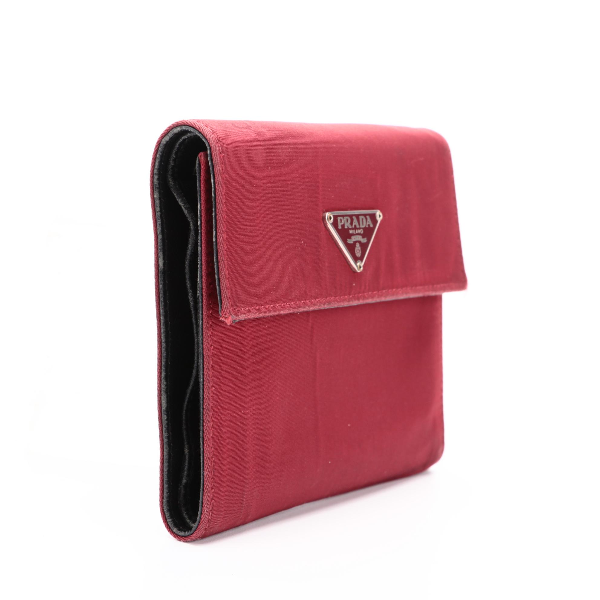 Prada Cerise Tessuto Nylon Vela Flap Wallet with Saffiano Leather