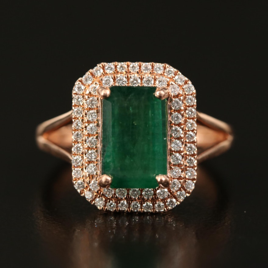 14K Rose Gold 2.58 CT Emerald and Diamond Double Halo Ring