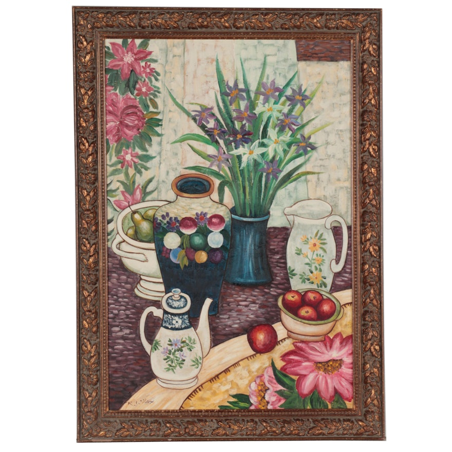 R. Wilcox Still Life Oil Painting of Flowers and Ceramics, circa 2000