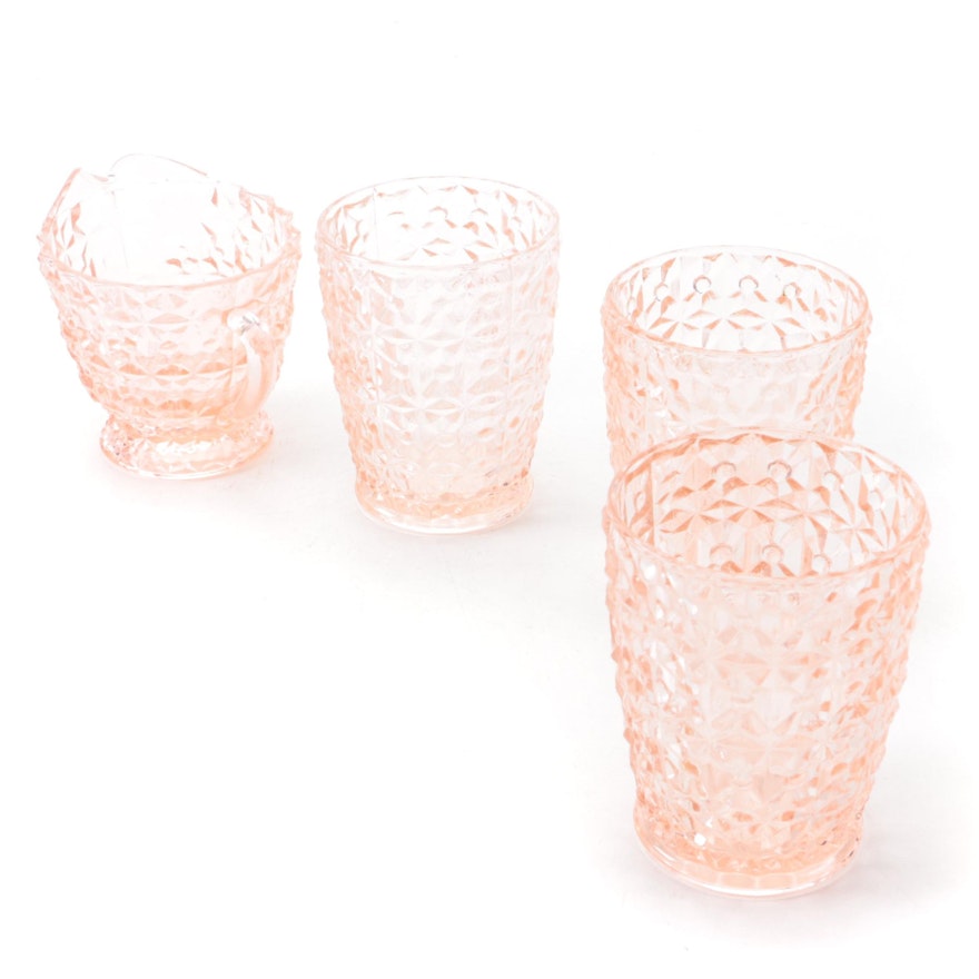 Jeannette "Holiday" Pink Depression Glass Tumblers and Creamer, 1947–1949