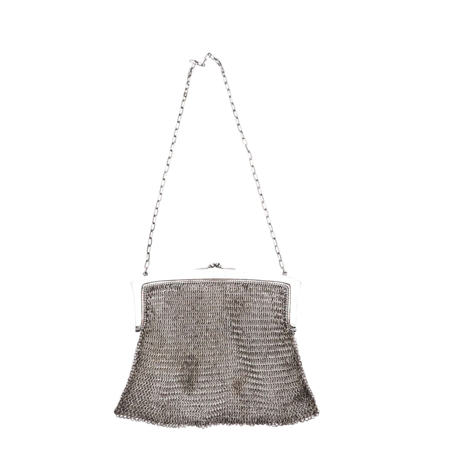 M&H German Silver Soldered Mesh Purse with Engraved Frame and Chain Link Strap