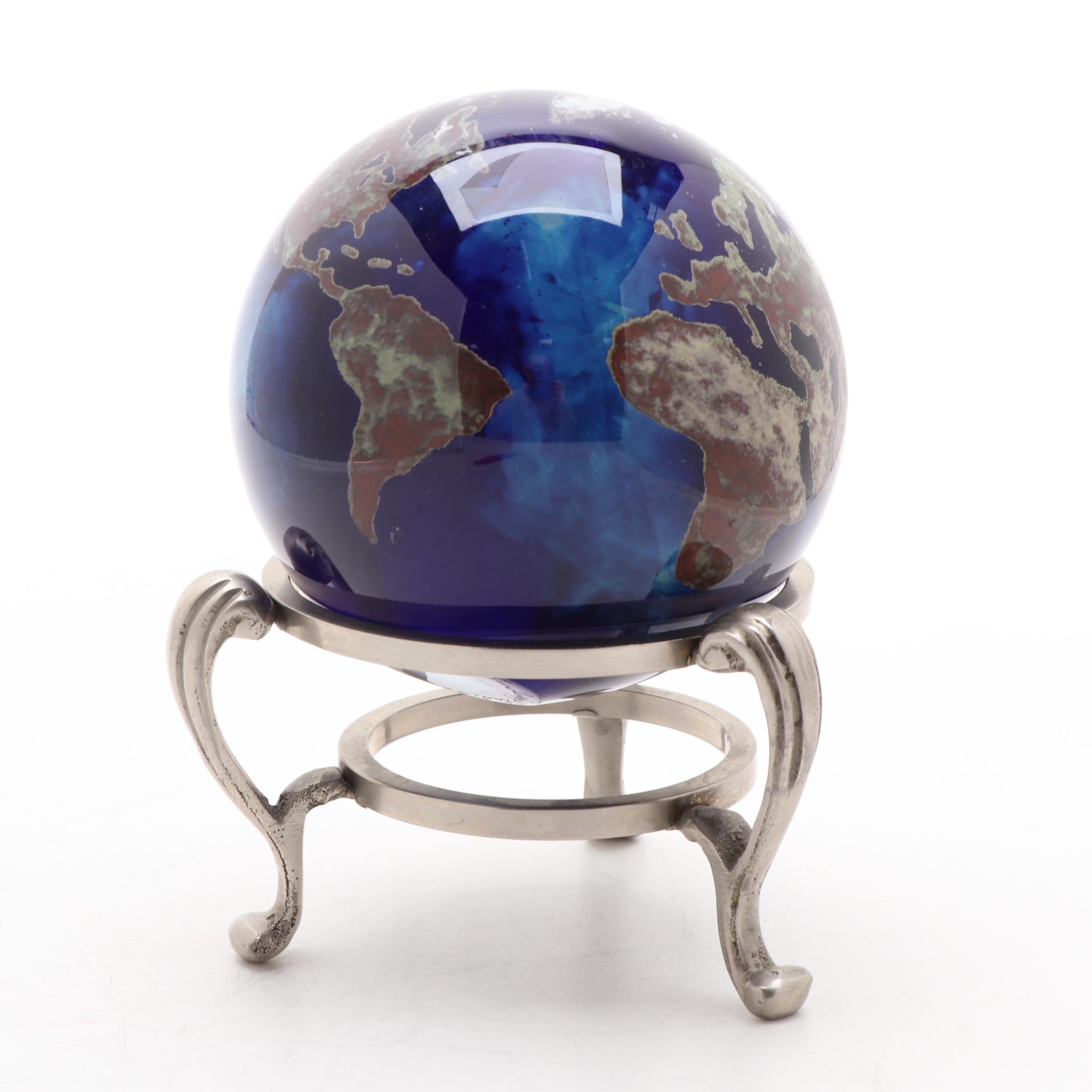 Lundberg Studios Art Glass Globe Paperweight with Metal Stand, 1998