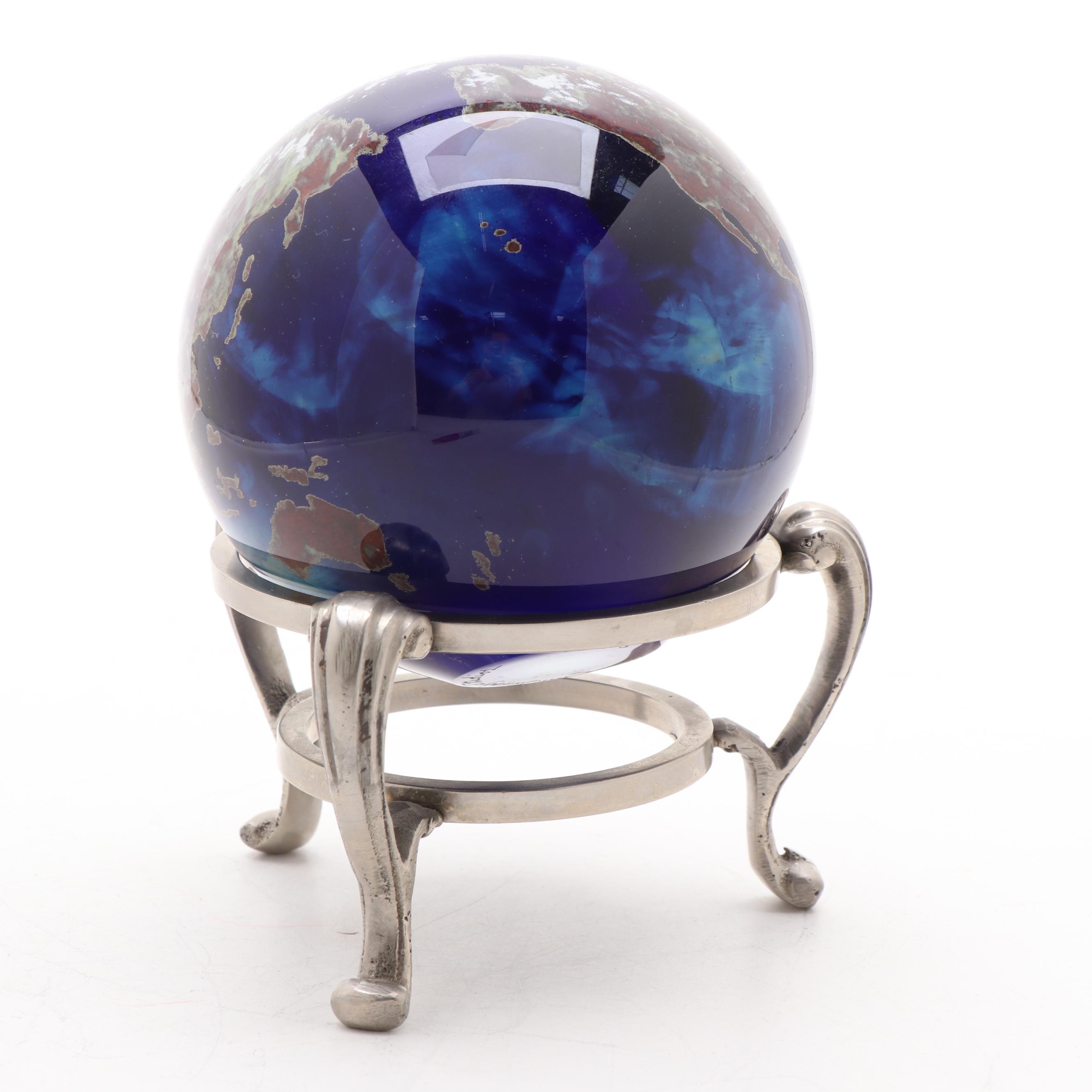 Lundberg Studios Art Glass Globe Paperweight with Metal Stand, 1998