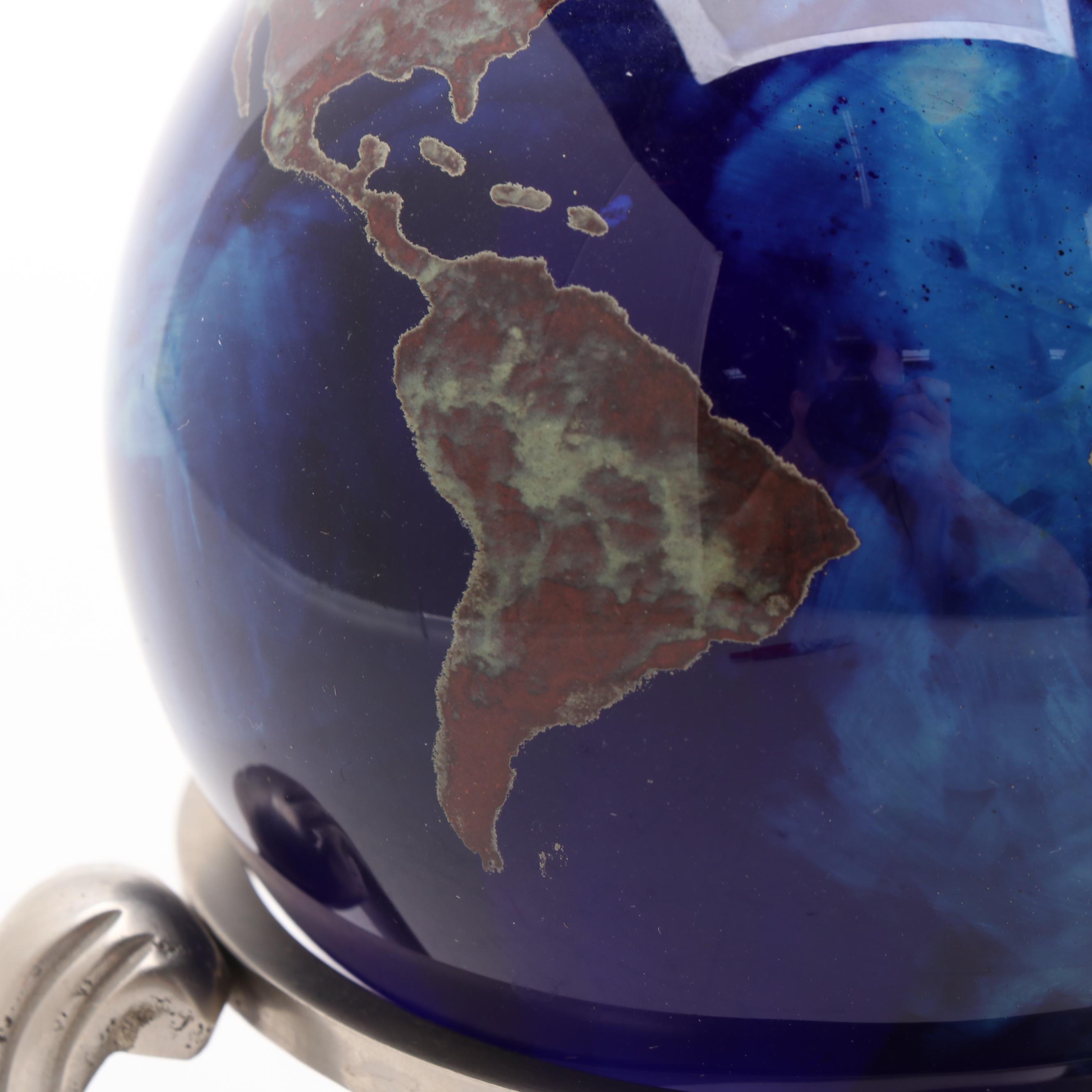 Lundberg Studios Art Glass Globe Paperweight with Metal Stand, 1998