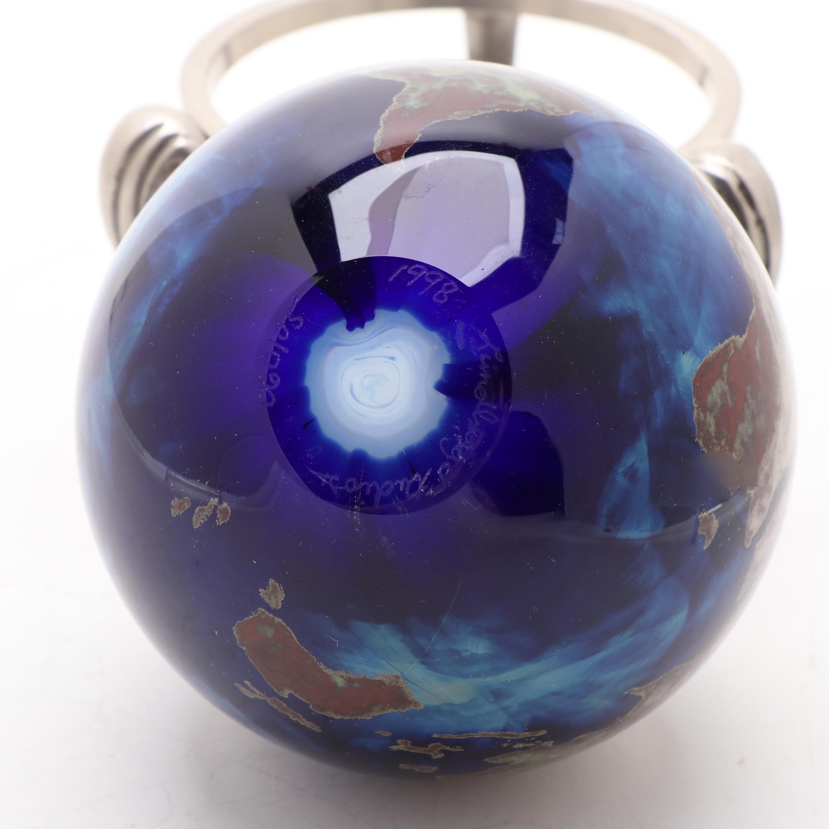 Lundberg Studios Art Glass Globe Paperweight with Metal Stand, 1998