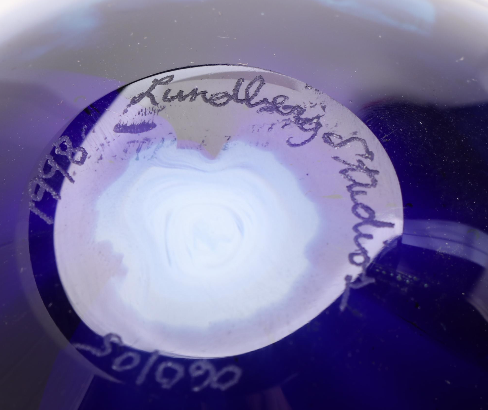 Lundberg Studios Art Glass Globe Paperweight with Metal Stand, 1998