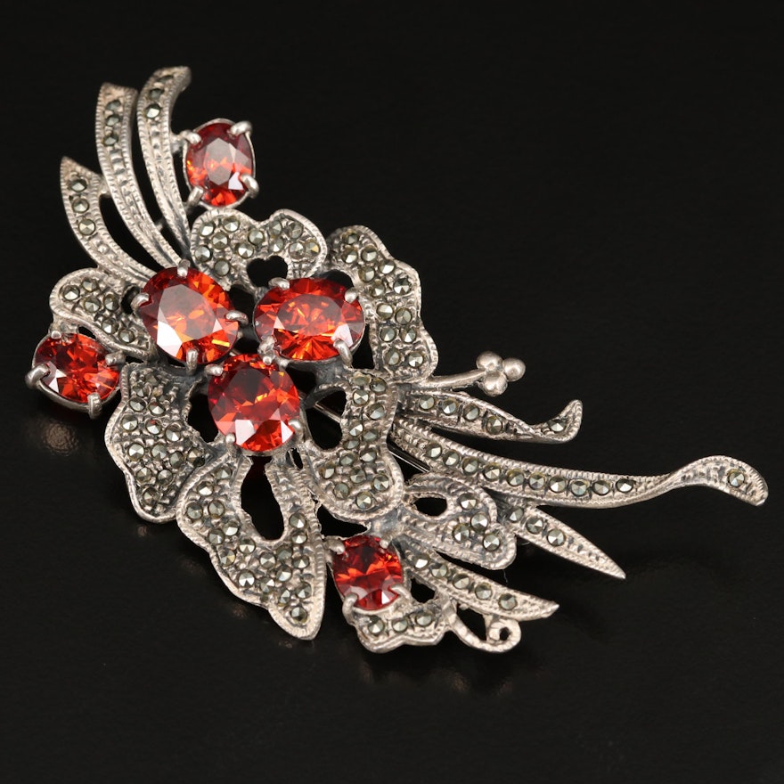 Sterling Silver Cubic Zirconia and Marcasite Brooch