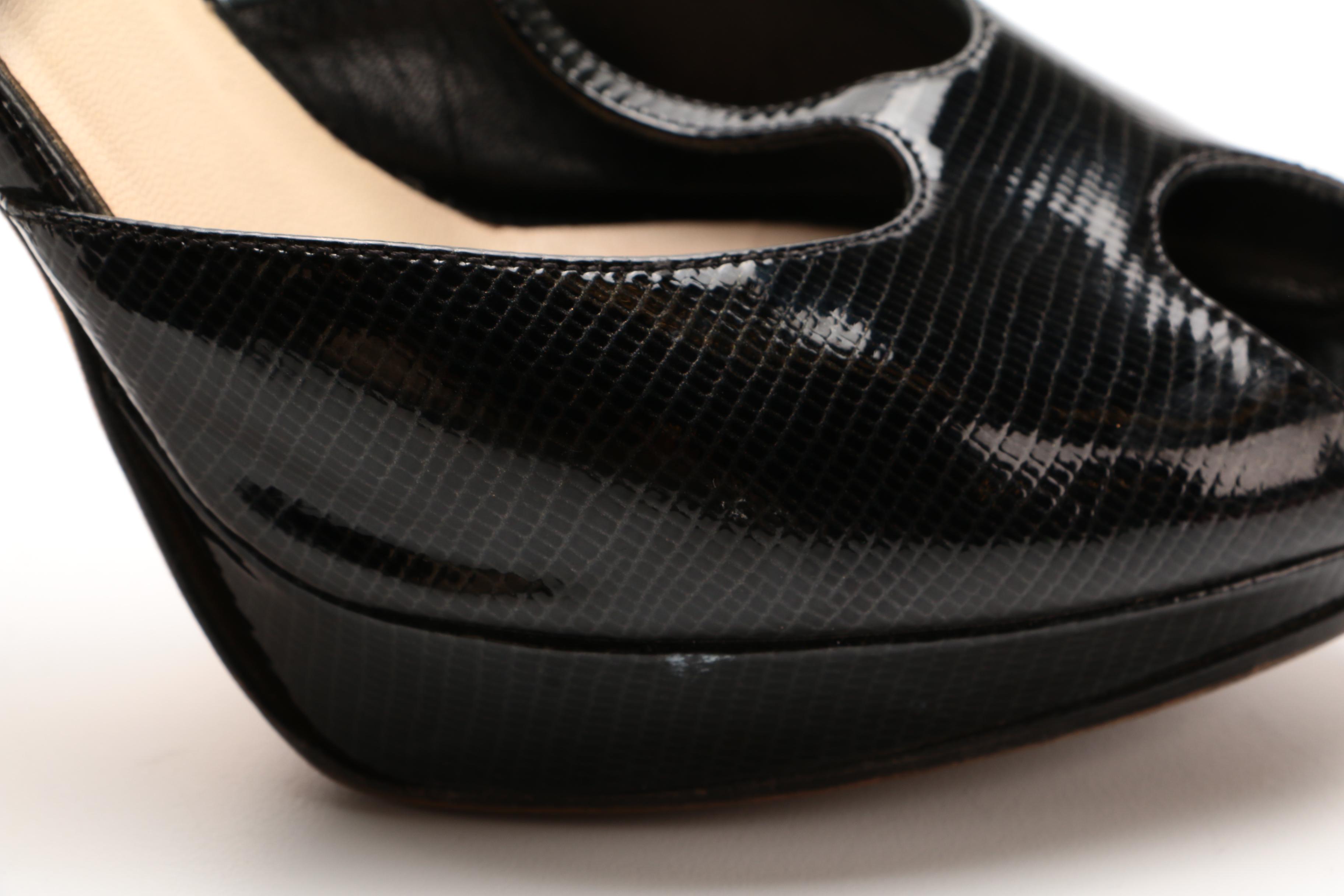 Christian Dior Miss Dior Lizard Embossed Leather Peep-Toe Platform T-Strap Heels