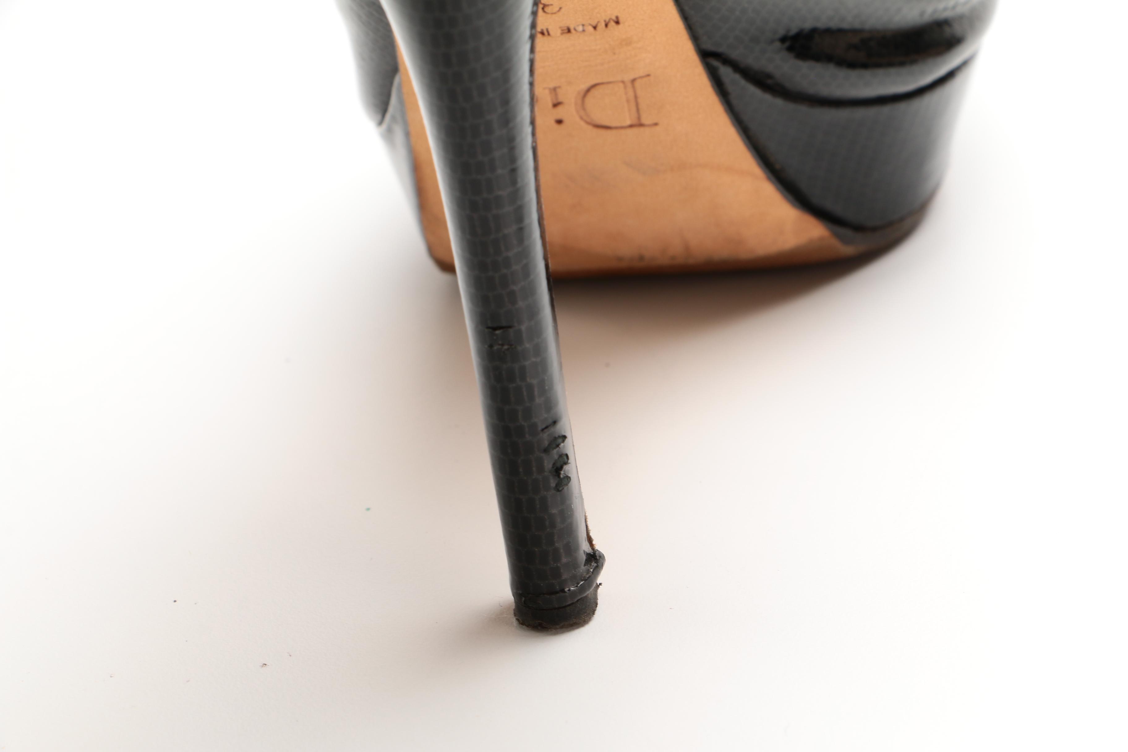 Christian Dior Miss Dior Lizard Embossed Leather Peep-Toe Platform T-Strap Heels