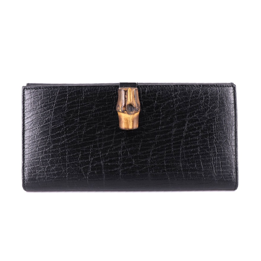Gucci Bamboo Black Textured Leather Long Wallet