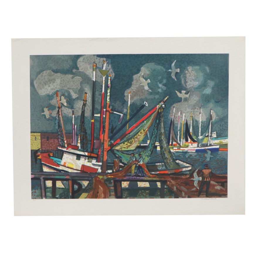 Millard Sheets Serigraph of Harbor Scene with Fishermen