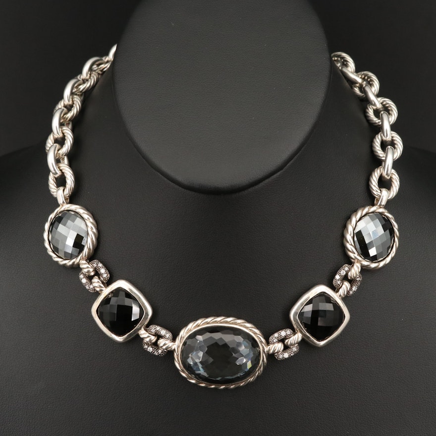 David Yurman Sterling, Diamond and Quartz Hematite Doublet Necklace