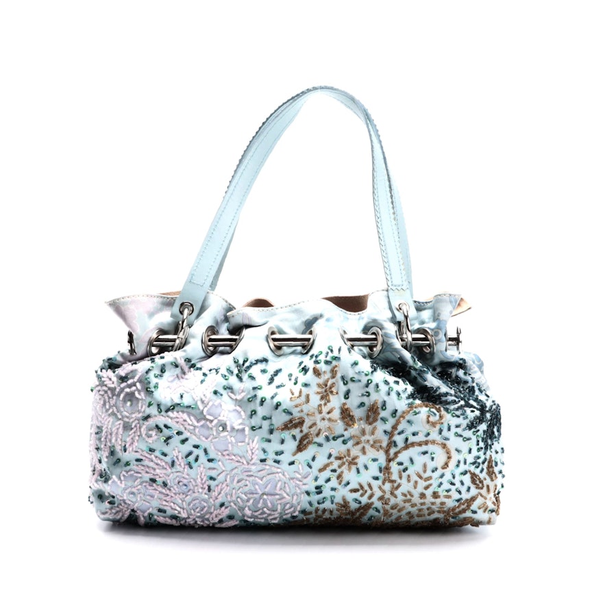 Serpui Marie Floral Beaded Hobo Bag in Baby Blue Satin and Leather