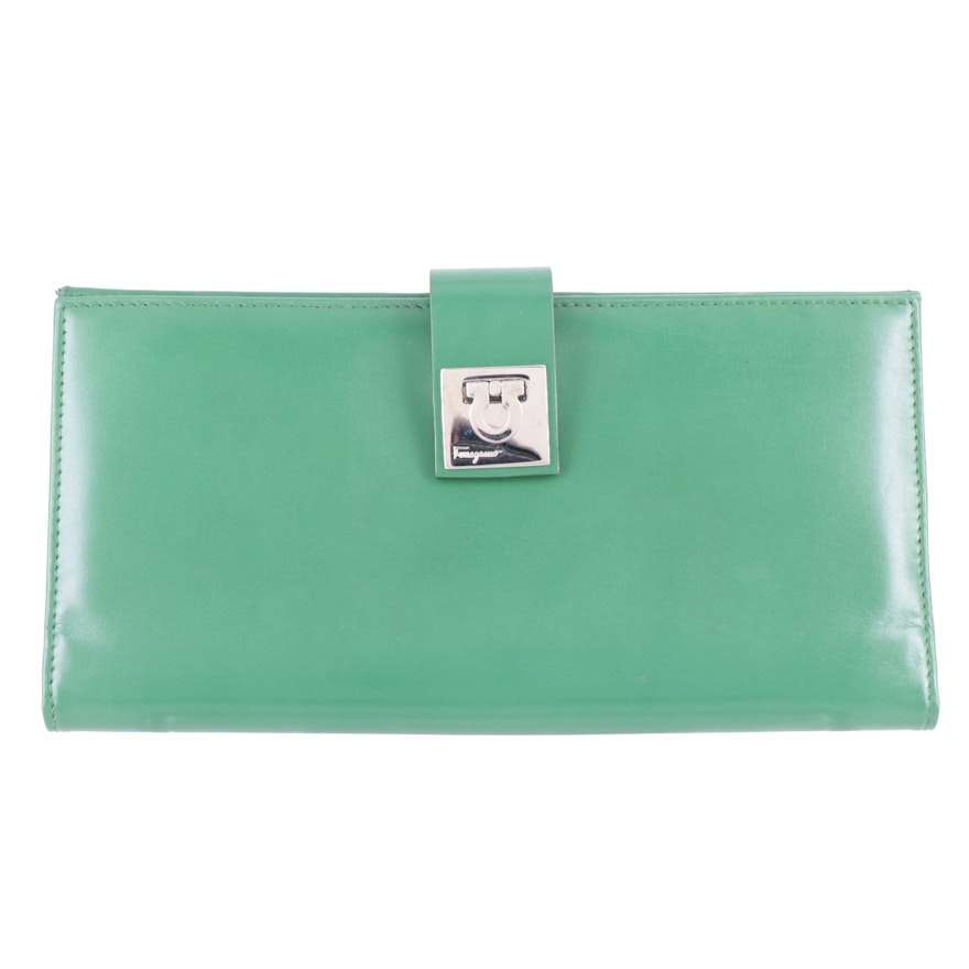 Salvatore Ferragamo Green Leather Gancini Lock Wallet
