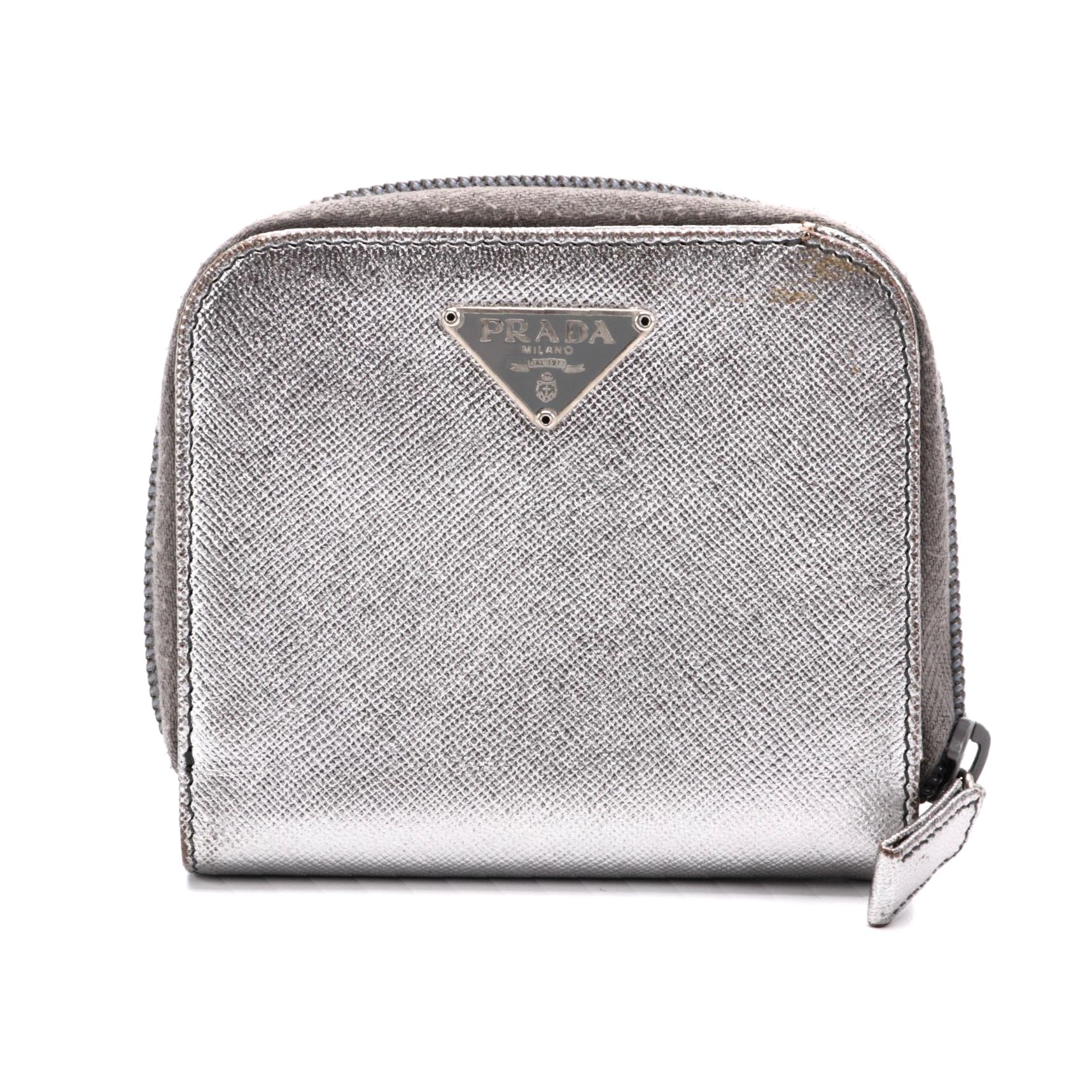 Prada Zip Around Compact Wallet in Silver Metallic Saffiano Leather