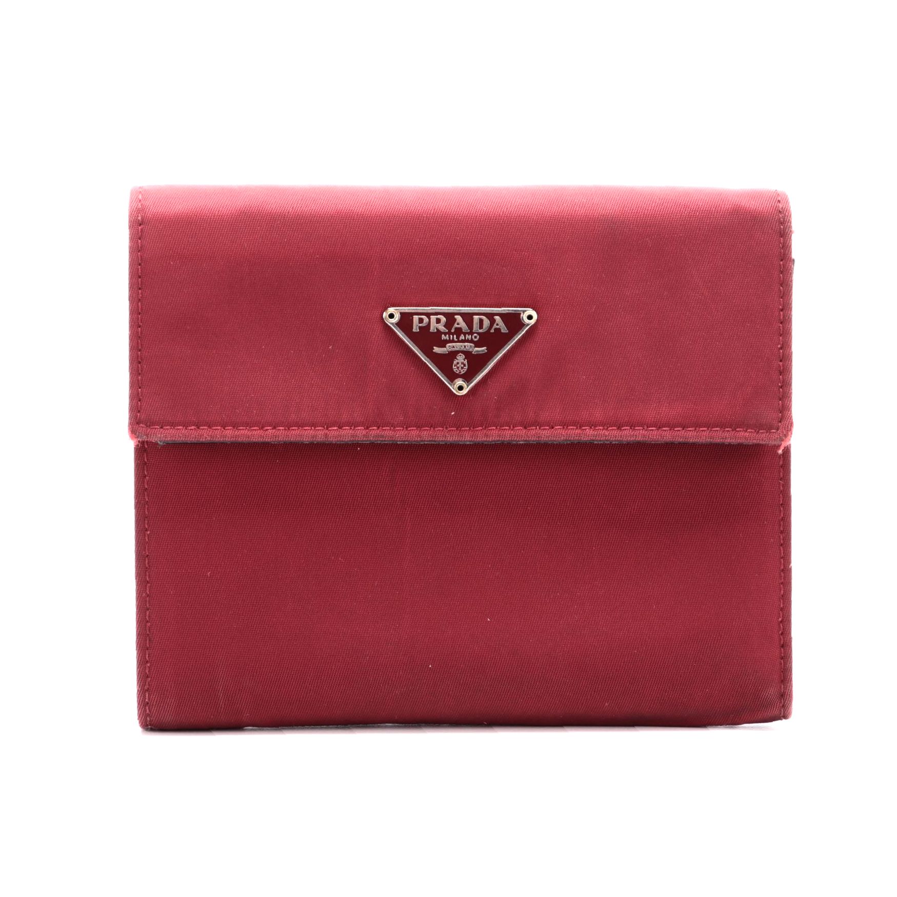 Prada Cerise Tessuto Nylon Vela Flap Wallet with Saffiano Leather