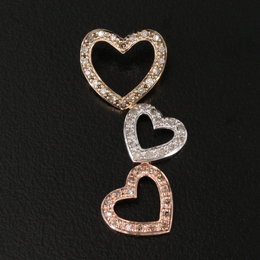 10K Tri-Color Gold Diamond Heart Drop Pendant