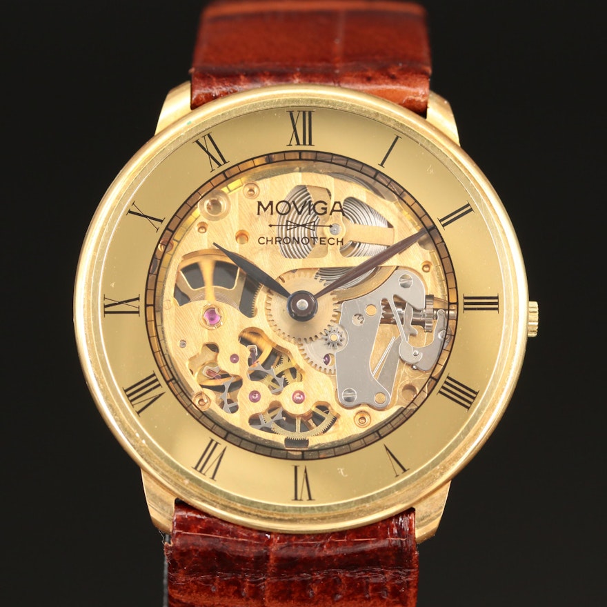18K Gold Moviga Chronotech Skeleton Dial Stem Wind Wristwatch