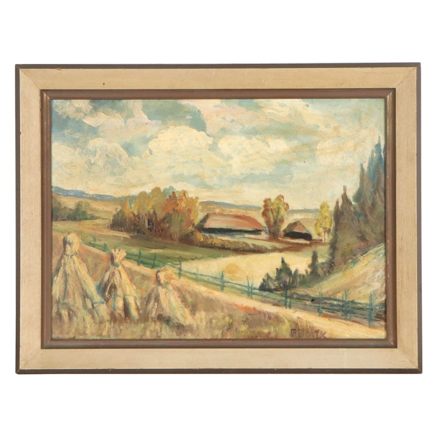 Evald Woitk Landscape Oil Painting with Hay Bales, Mid-20th Century