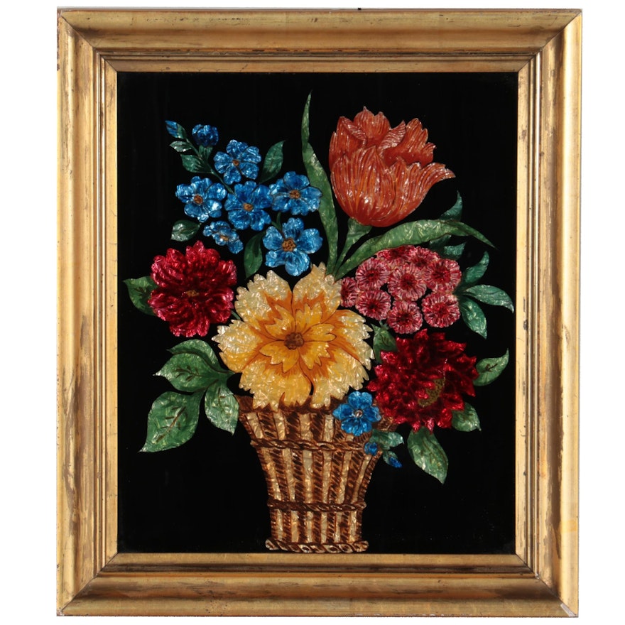 Floral Still Life Reverse Glass Painting with Foil, Early 20th Century