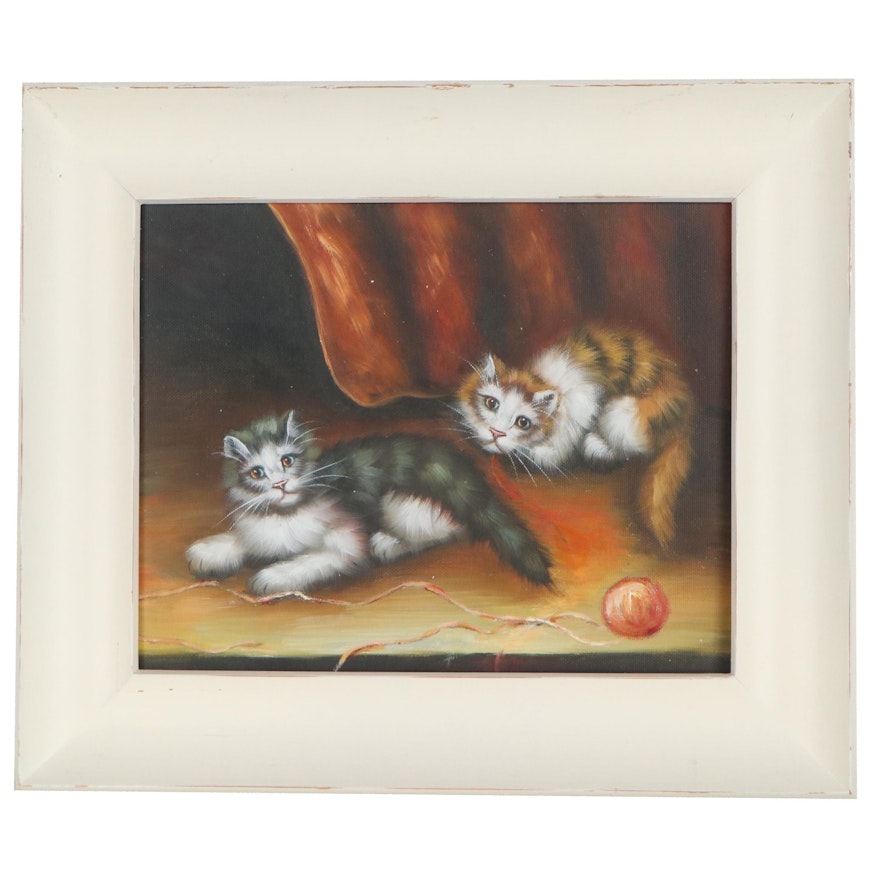 Oil Painting of Cats with Yarn, 21st Century