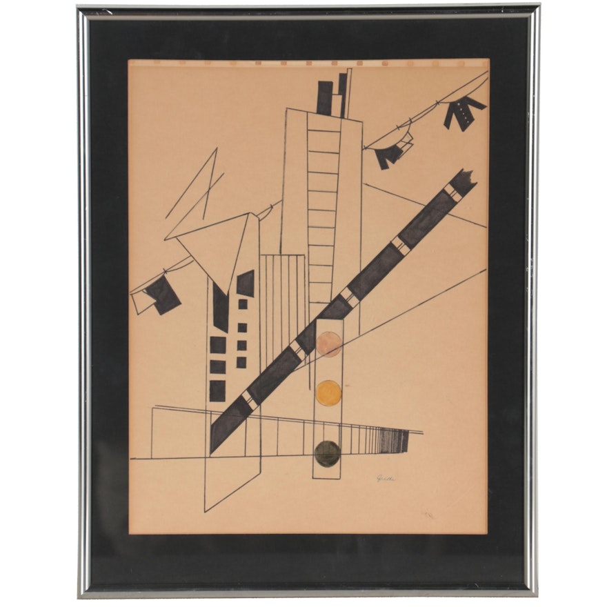 Constructivist Style Pen and Ink Drawing, Mid-20th Century