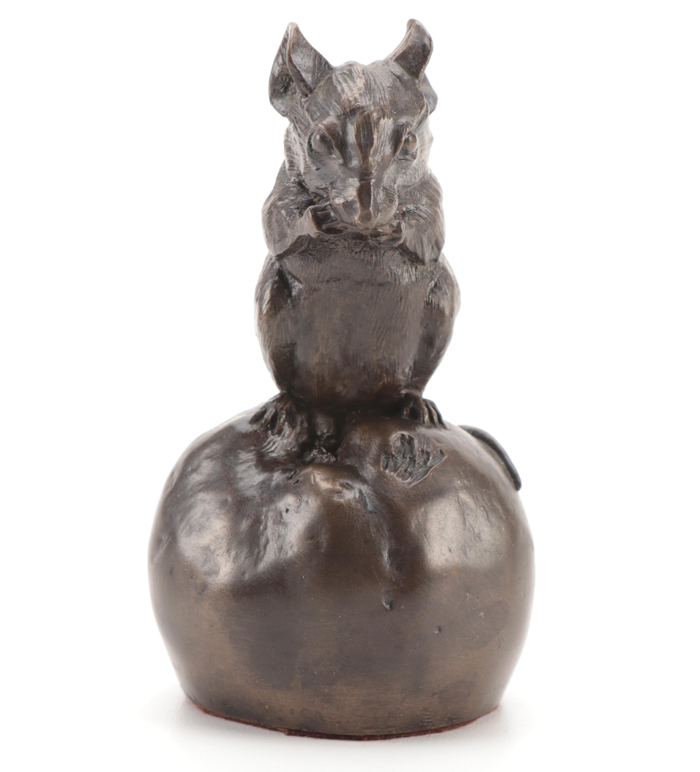 English Heredities Cold Cast Bronze Mouse on Apple, Late 20th Century