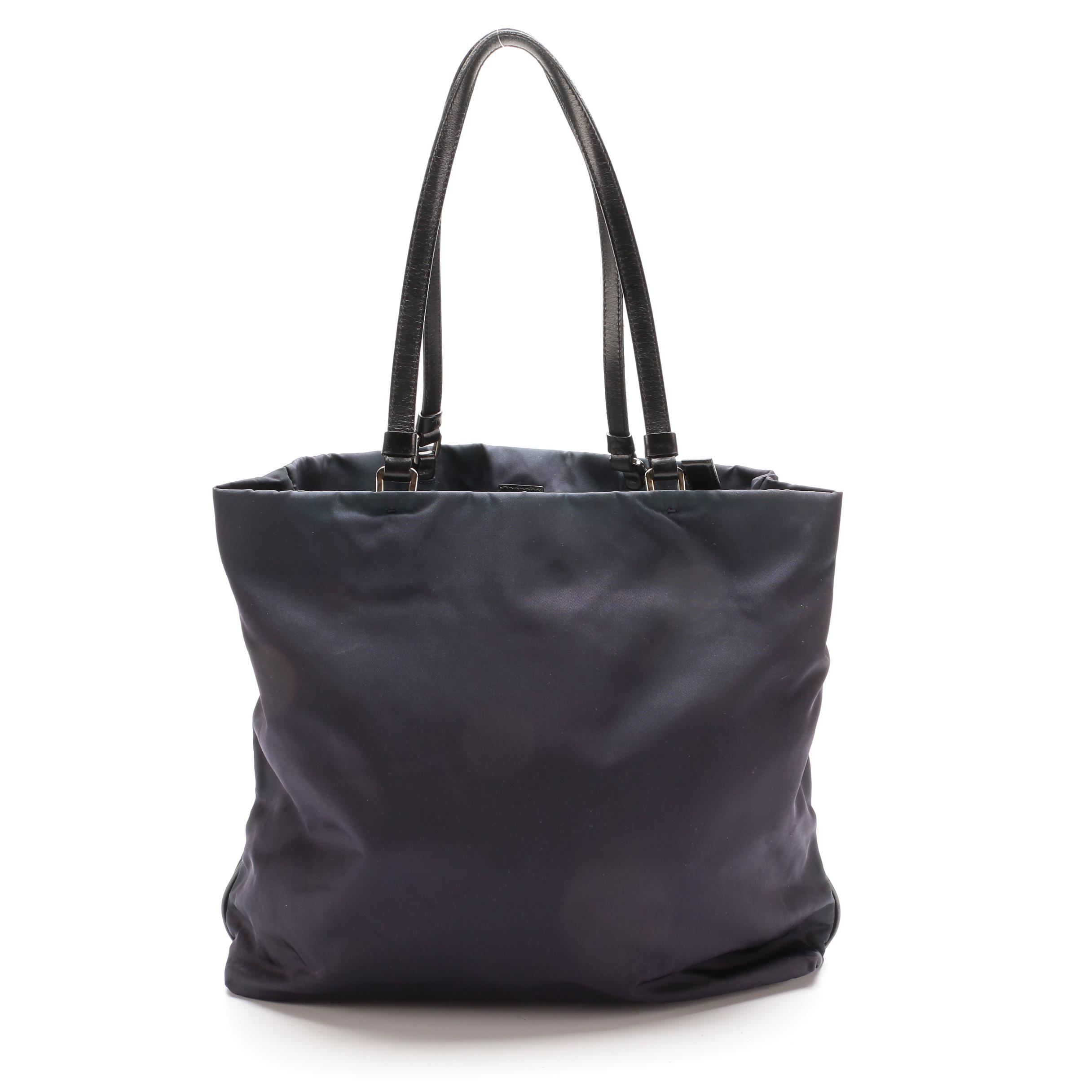 Prada Navy Tessuto Nylon Tote Bag with Black Leather Trim