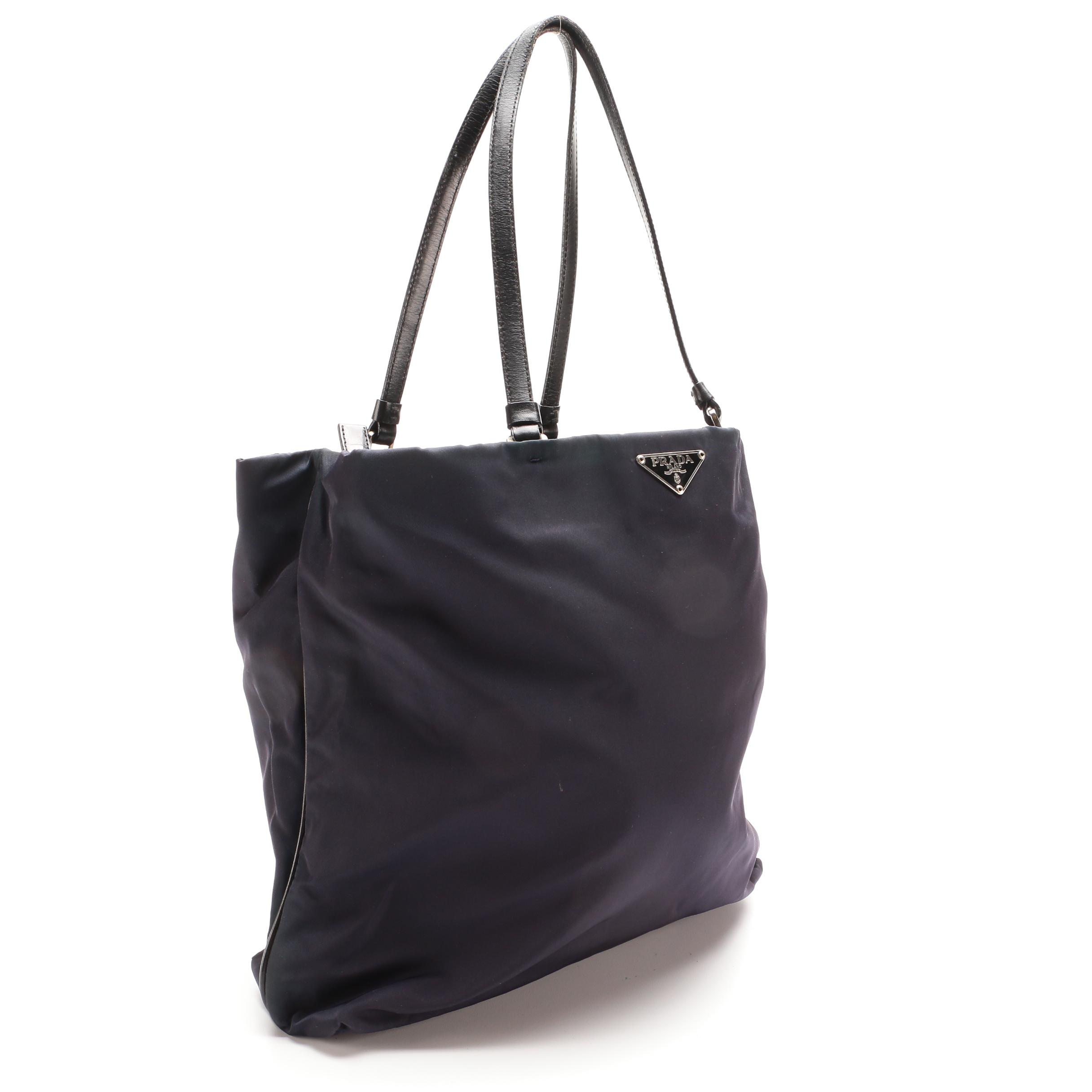 Prada Navy Tessuto Nylon Tote Bag with Black Leather Trim