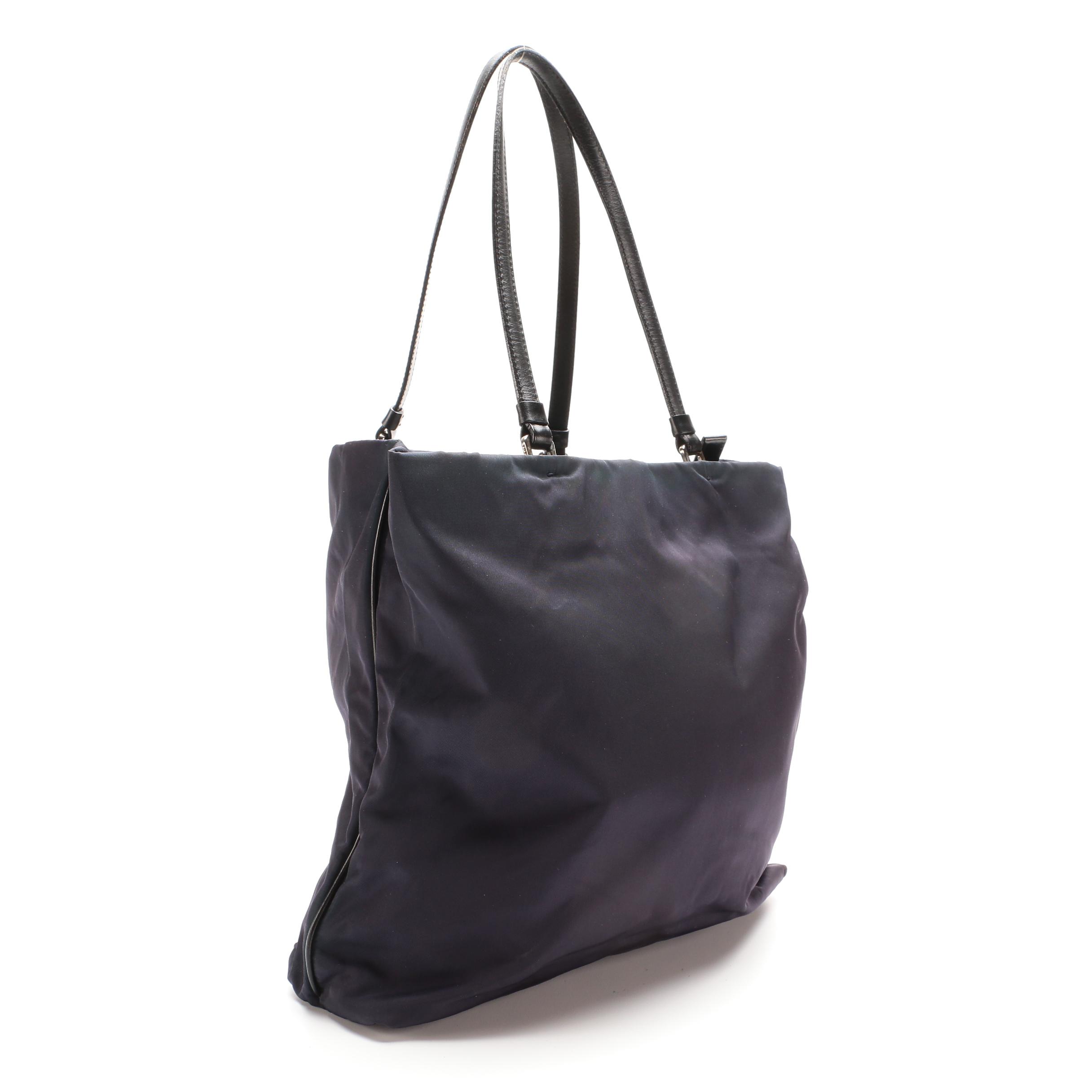 Prada Navy Tessuto Nylon Tote Bag with Black Leather Trim