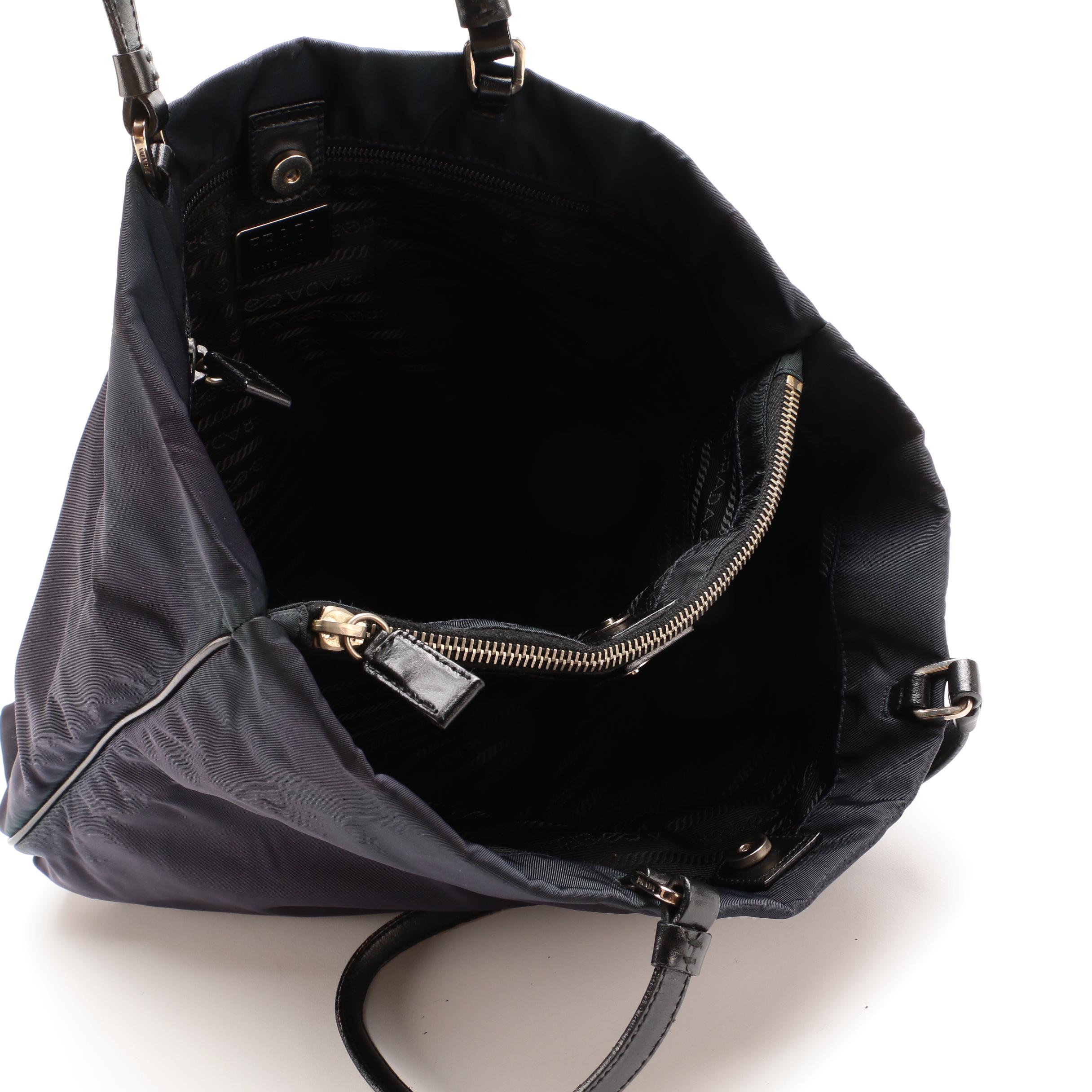 Prada Navy Tessuto Nylon Tote Bag with Black Leather Trim