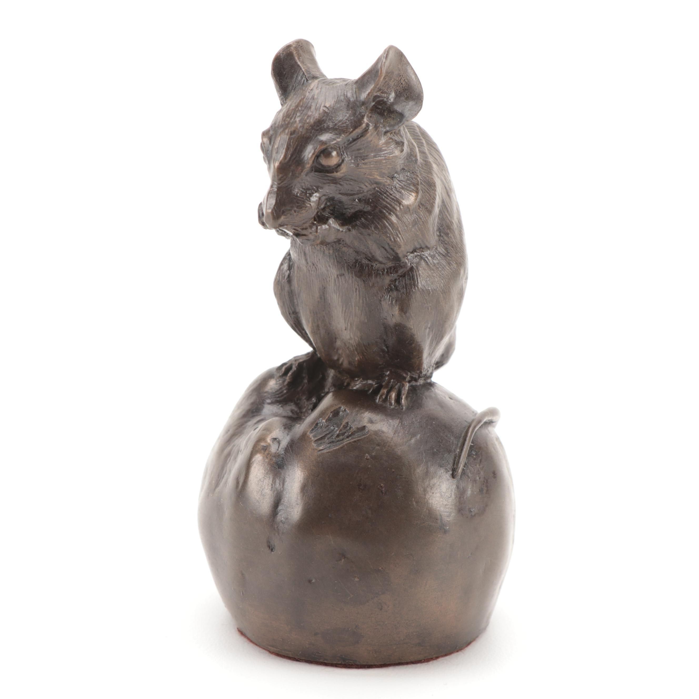 English Heredities Cold Cast Bronze Mouse on Apple, Late 20th Century