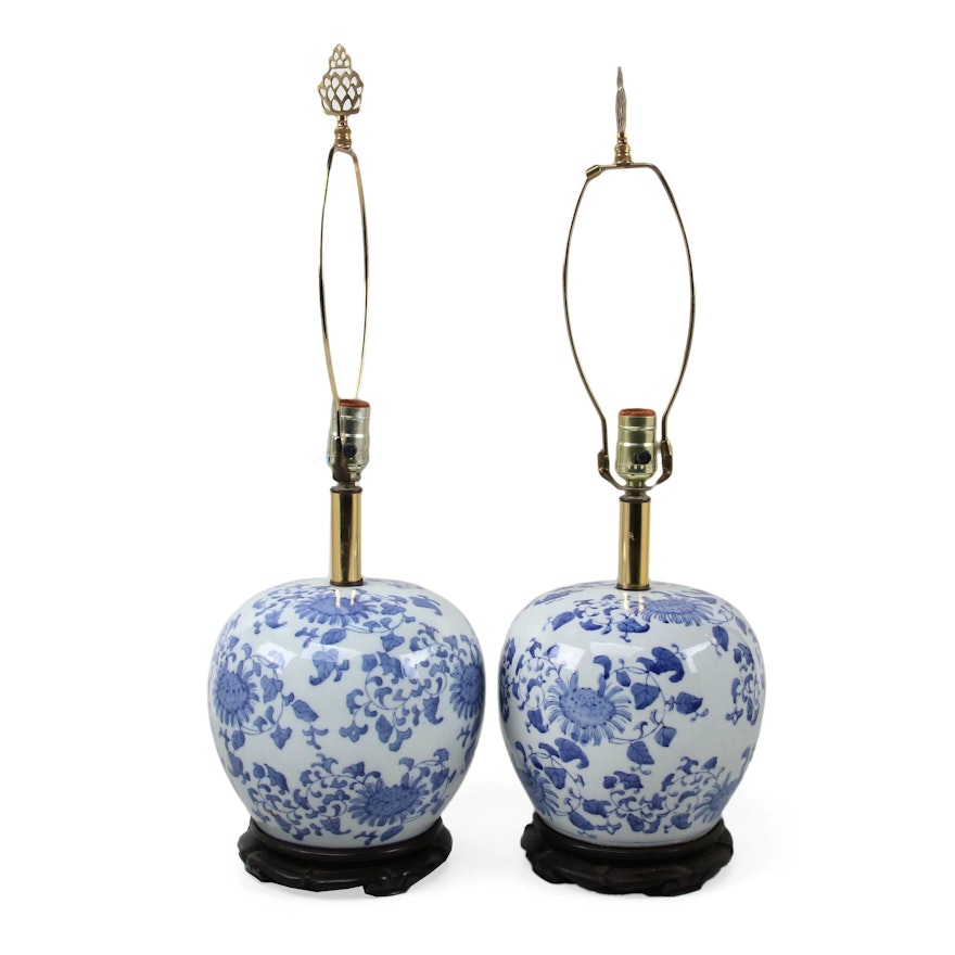 Chinese Blue and White Ceramic Melon Jar Table Lamps