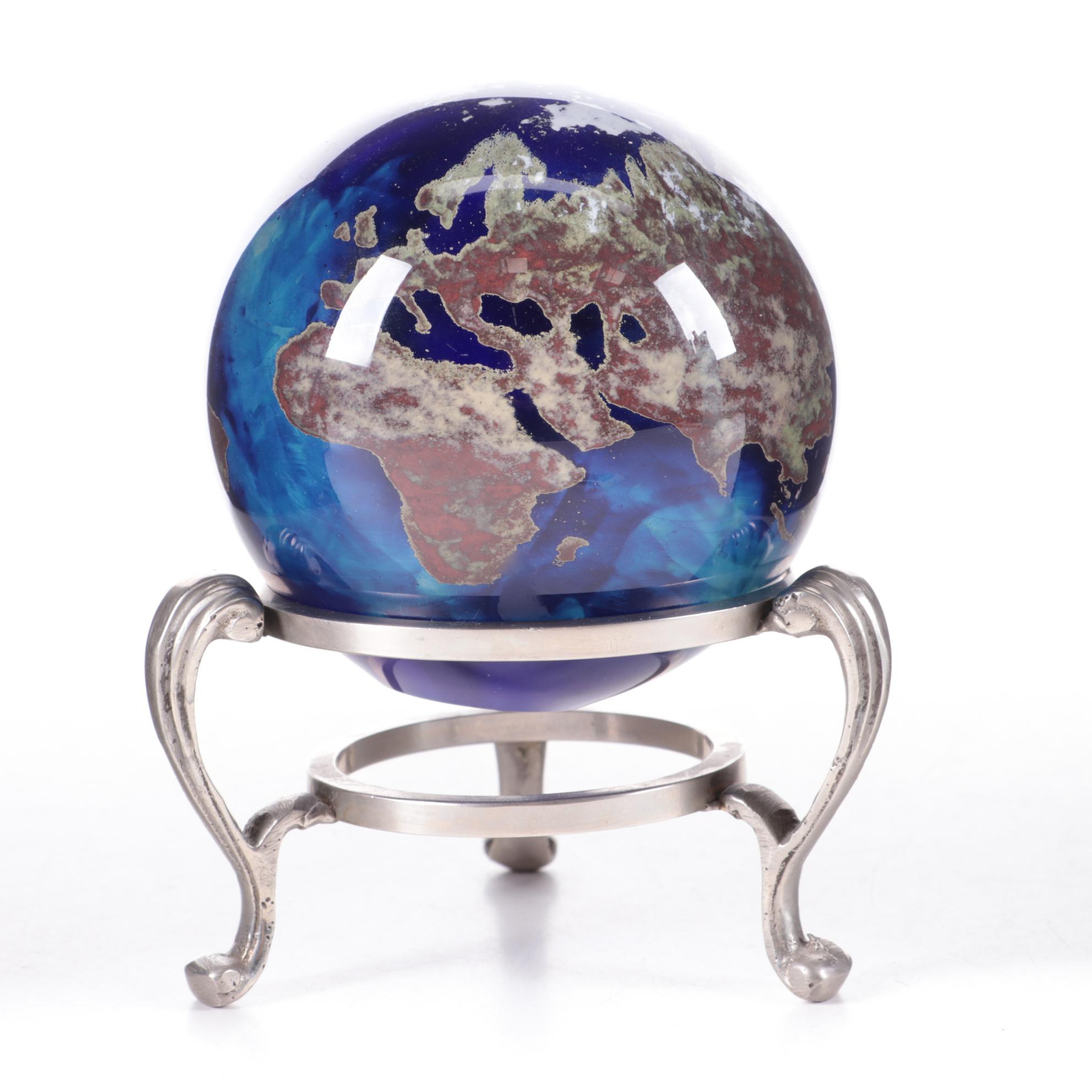 Lundberg Studios Art Glass Globe Paperweight with Metal Stand, 1998