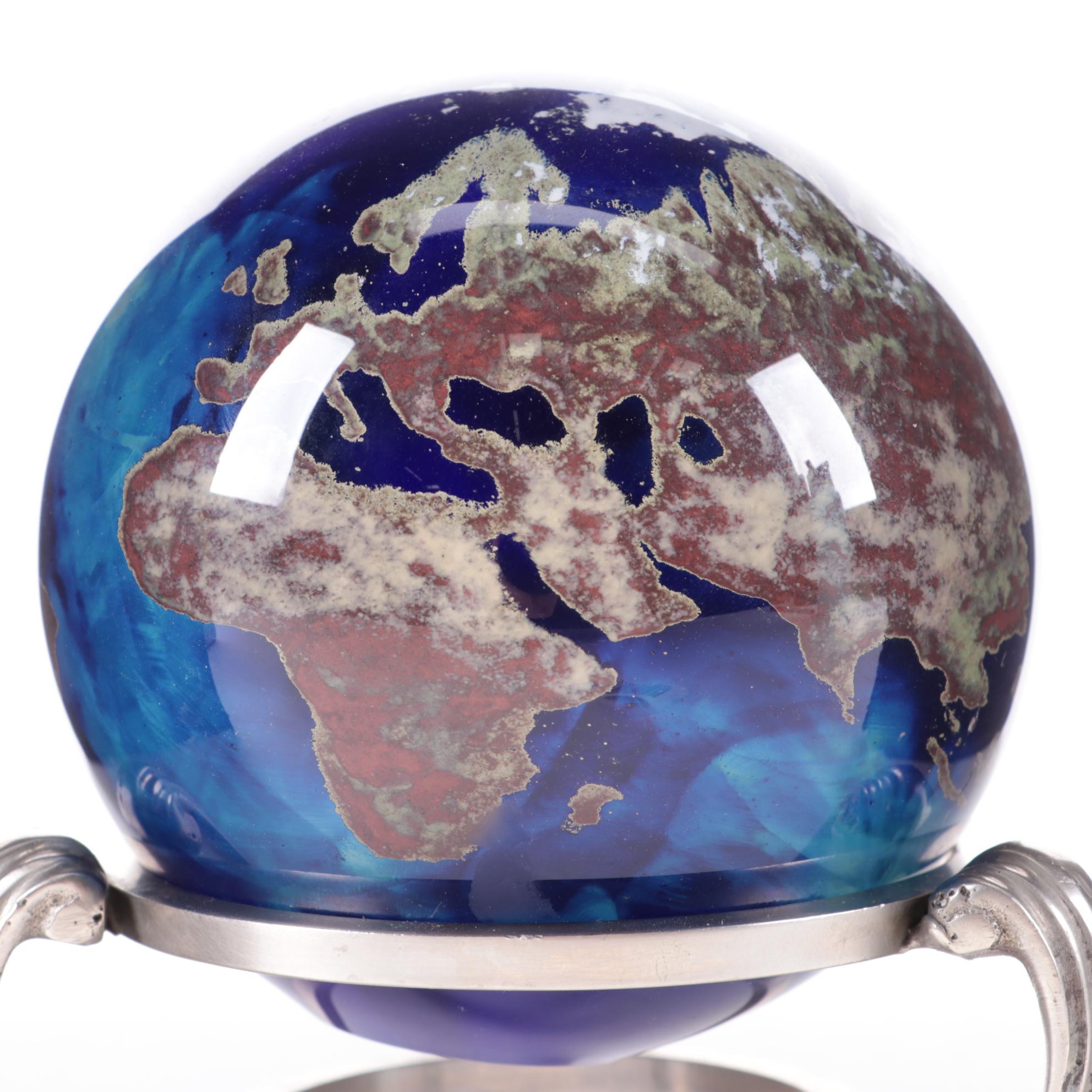 Lundberg Studios Art Glass Globe Paperweight with Metal Stand, 1998