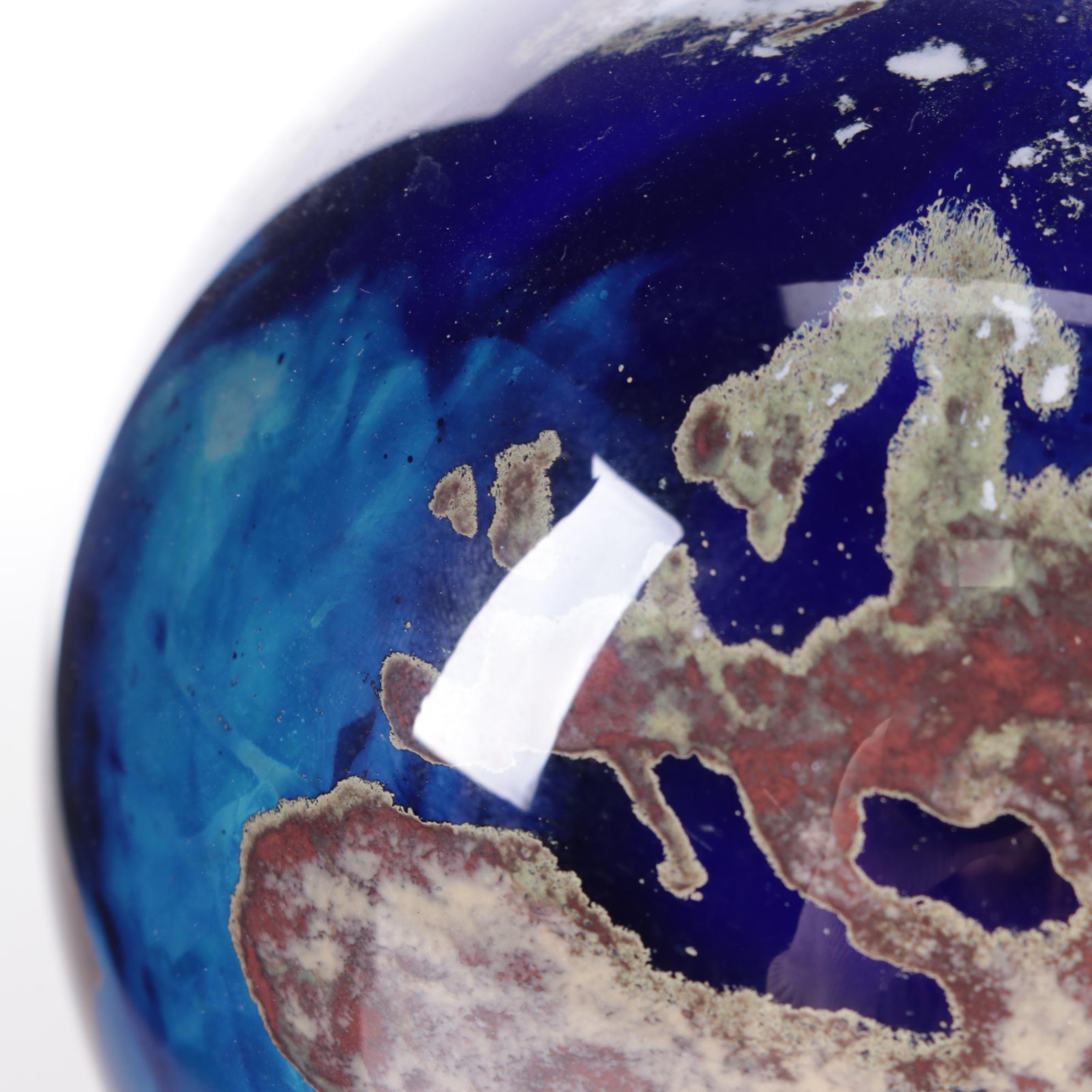 Lundberg Studios Art Glass Globe Paperweight with Metal Stand, 1998